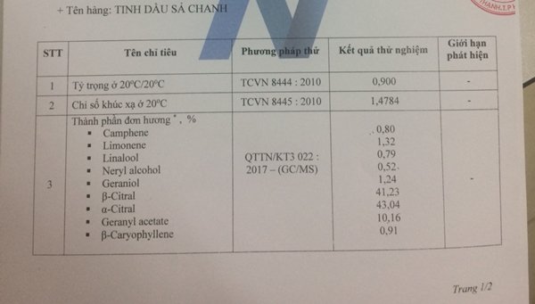 giấy kiểm định tinh dầu sả chanh Bio Aroma